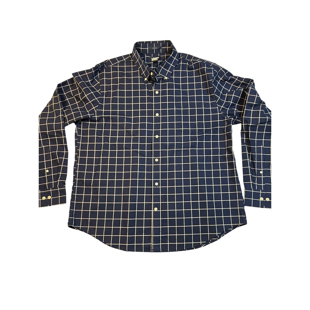 Lands End Mens XL Tailored Fit‎ No Iron Twill Shirt Navy White Windowpane Grid